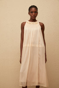 Orélie Neutral Pleated Chiffon Midi Dress