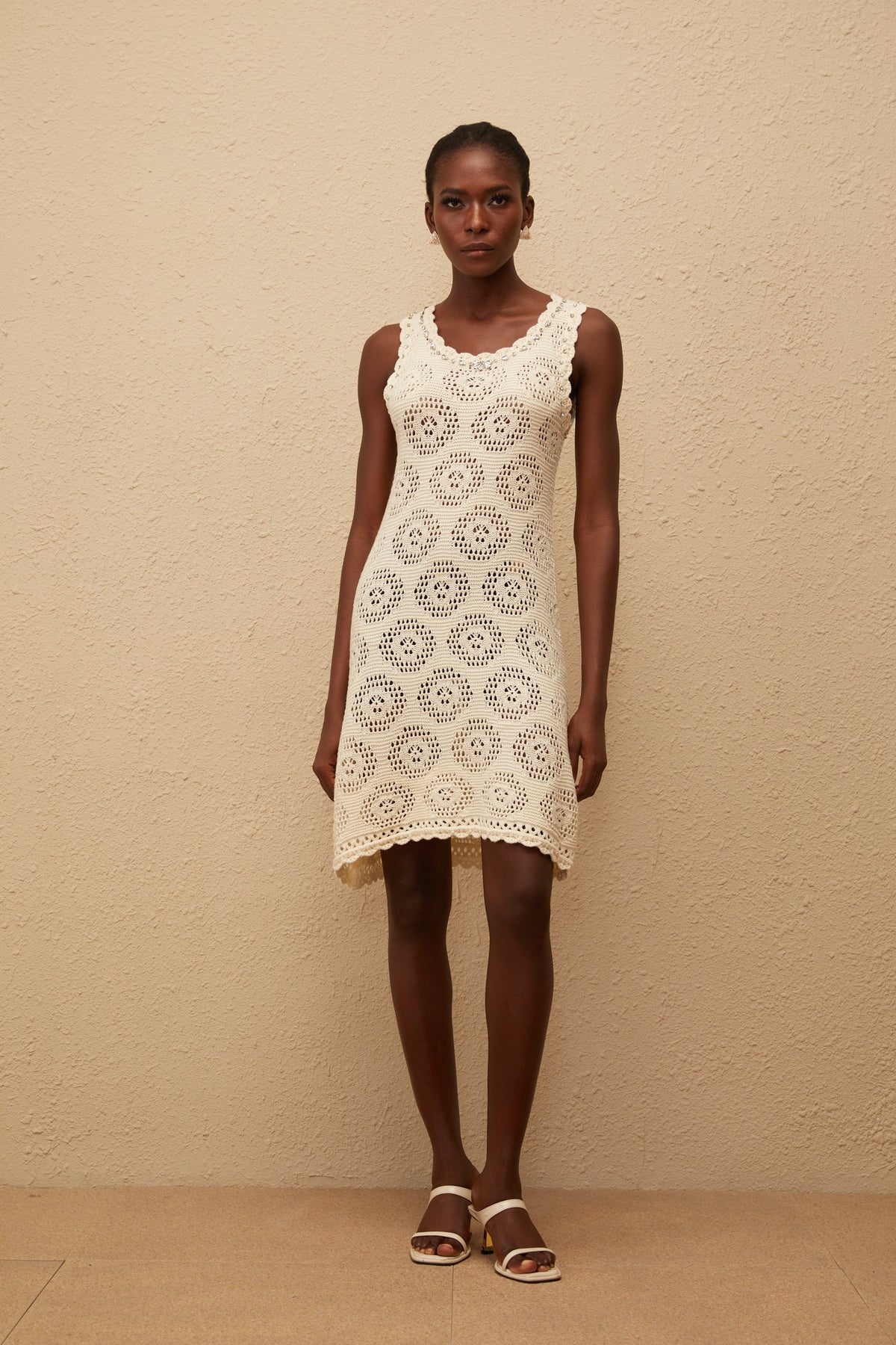 Ismérie White Scalloped Crochet Knit Mini Dress