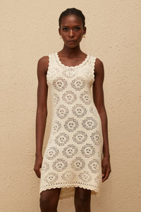 Ismérie White Scalloped Crochet Knit Mini Dress