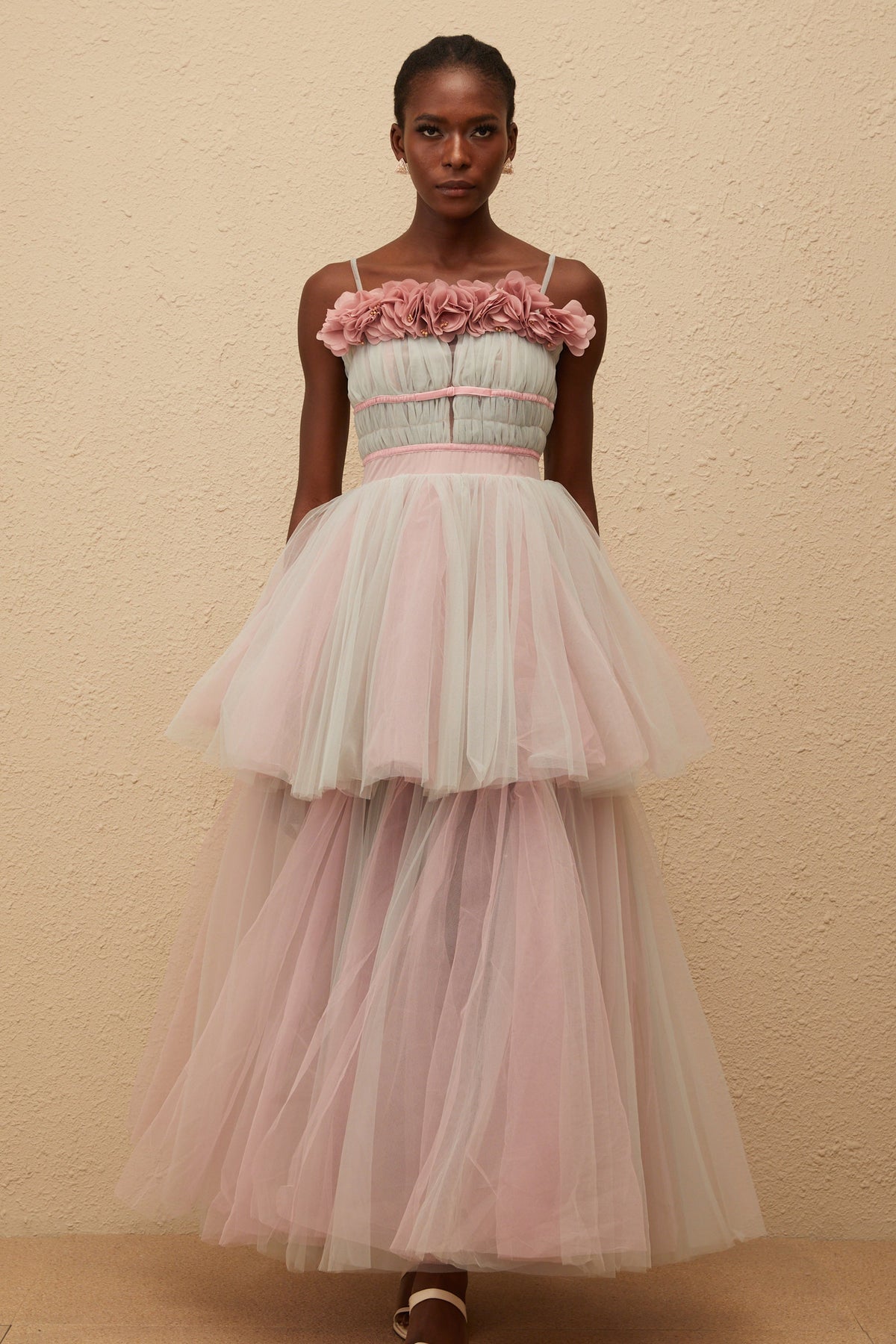 Hermione Grey 3D Petal Tulle Maxi Dress