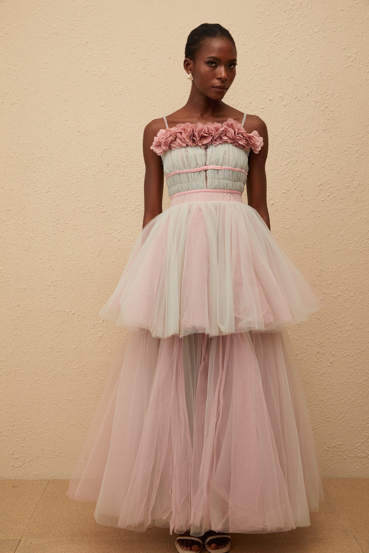 Hermione Grey 3D Petal Tulle Maxi Dress