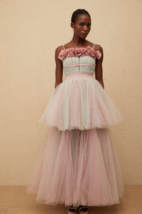Hermione Grey 3D Petal Tulle Maxi Dress
