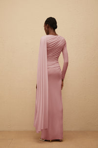 Paloma Pink Asymmetrical Ruched Knit Maxi Dress