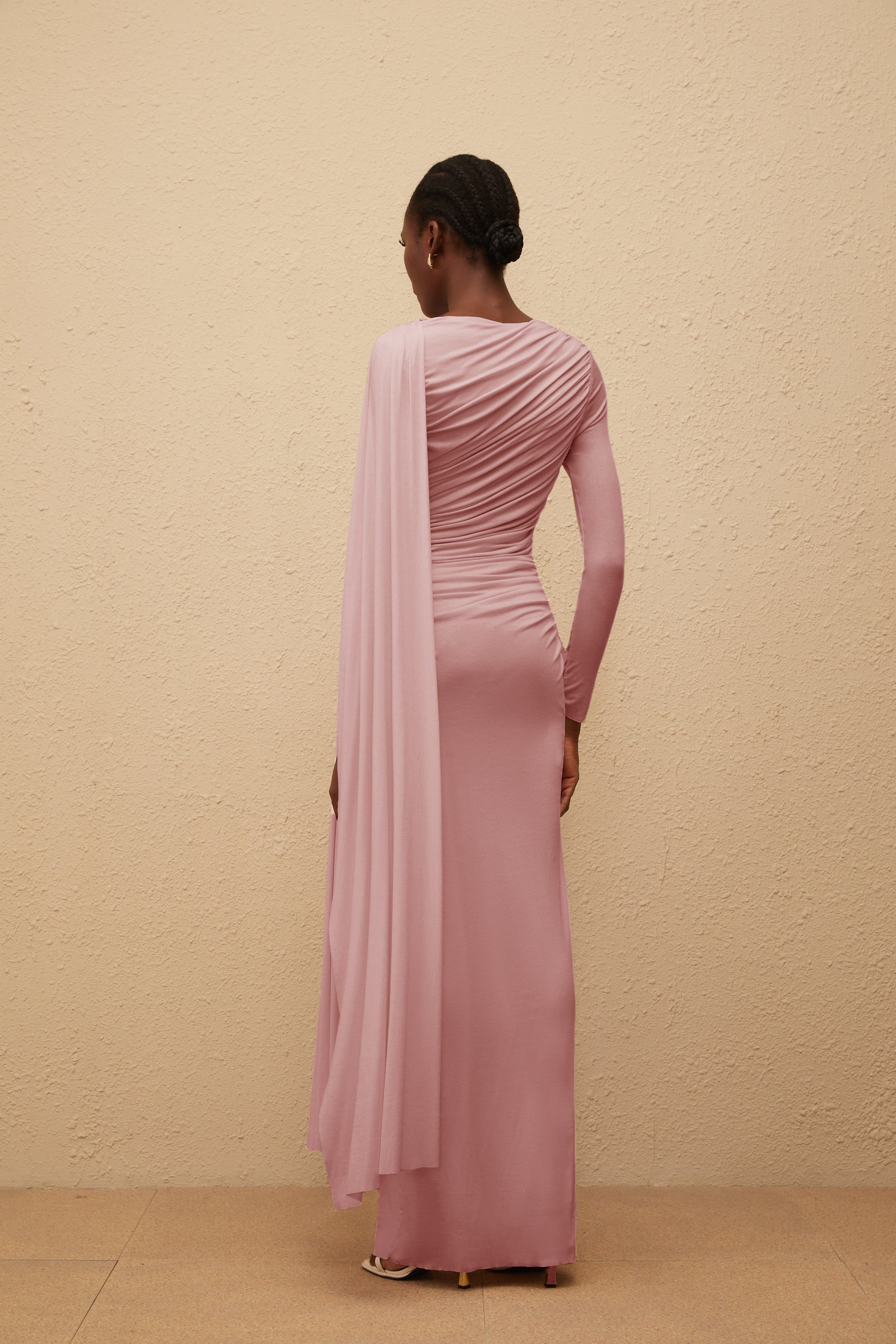 Paloma Pink Asymmetrical Ruched Knit Maxi Dress