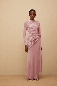 Paloma Pink Asymmetrical Ruched Knit Maxi Dress