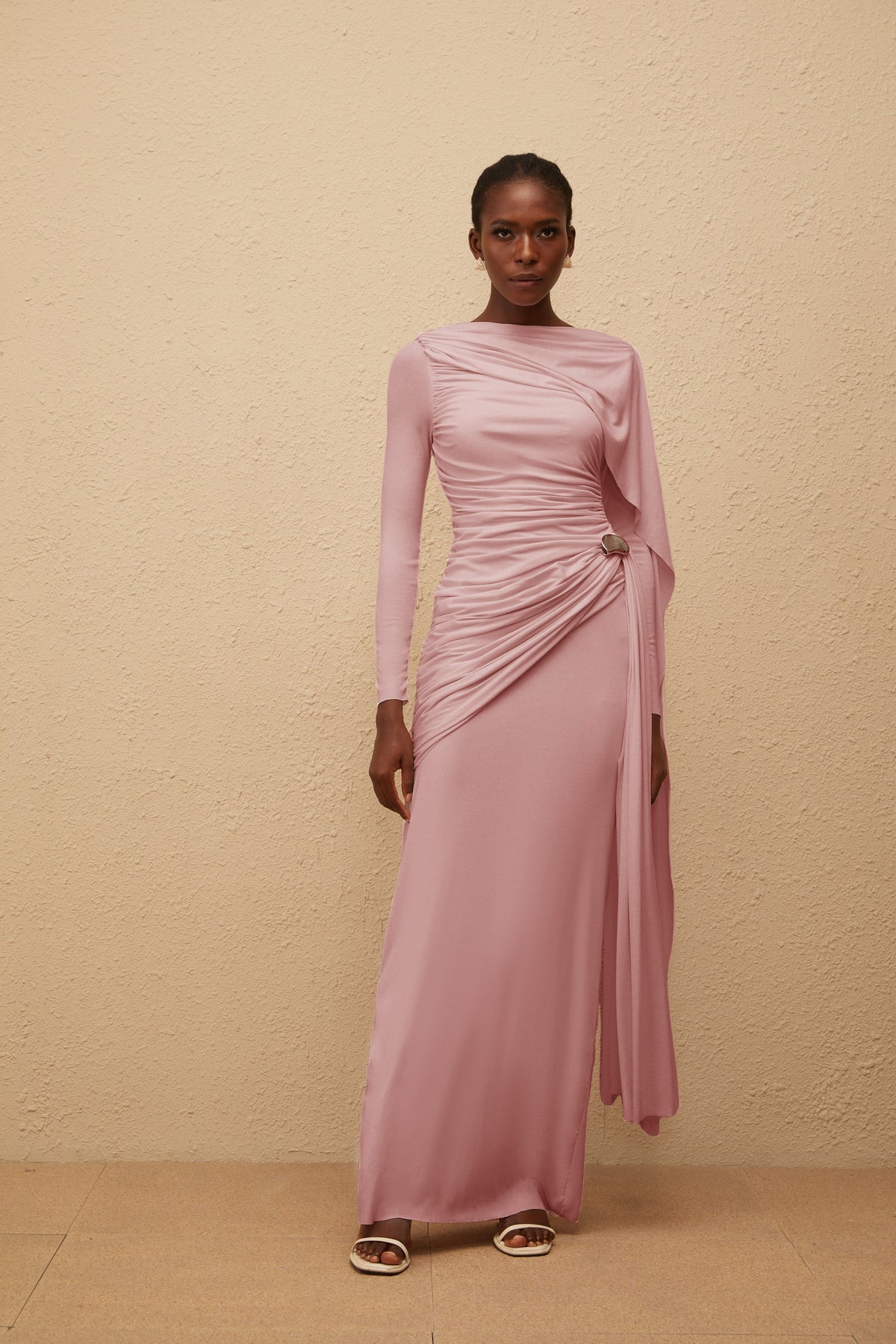 Paloma Pink Asymmetrical Ruched Knit Maxi Dress