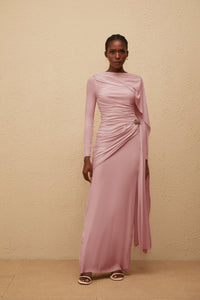 Paloma Pink Asymmetrical Ruched Knit Maxi Dress