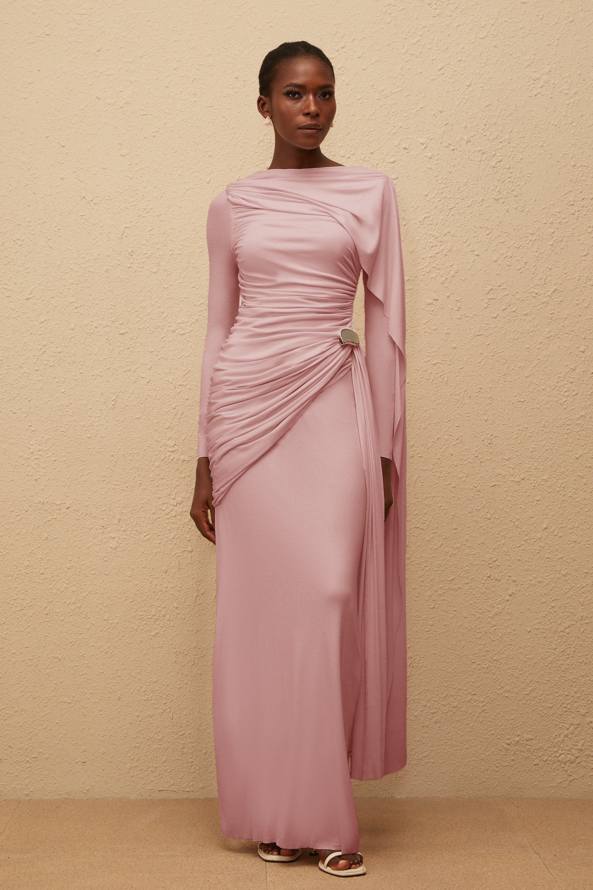 Paloma Pink Asymmetrical Ruched Knit Maxi Dress