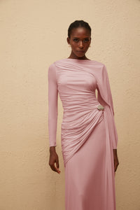 Paloma Pink Asymmetrical Ruched Knit Maxi Dress