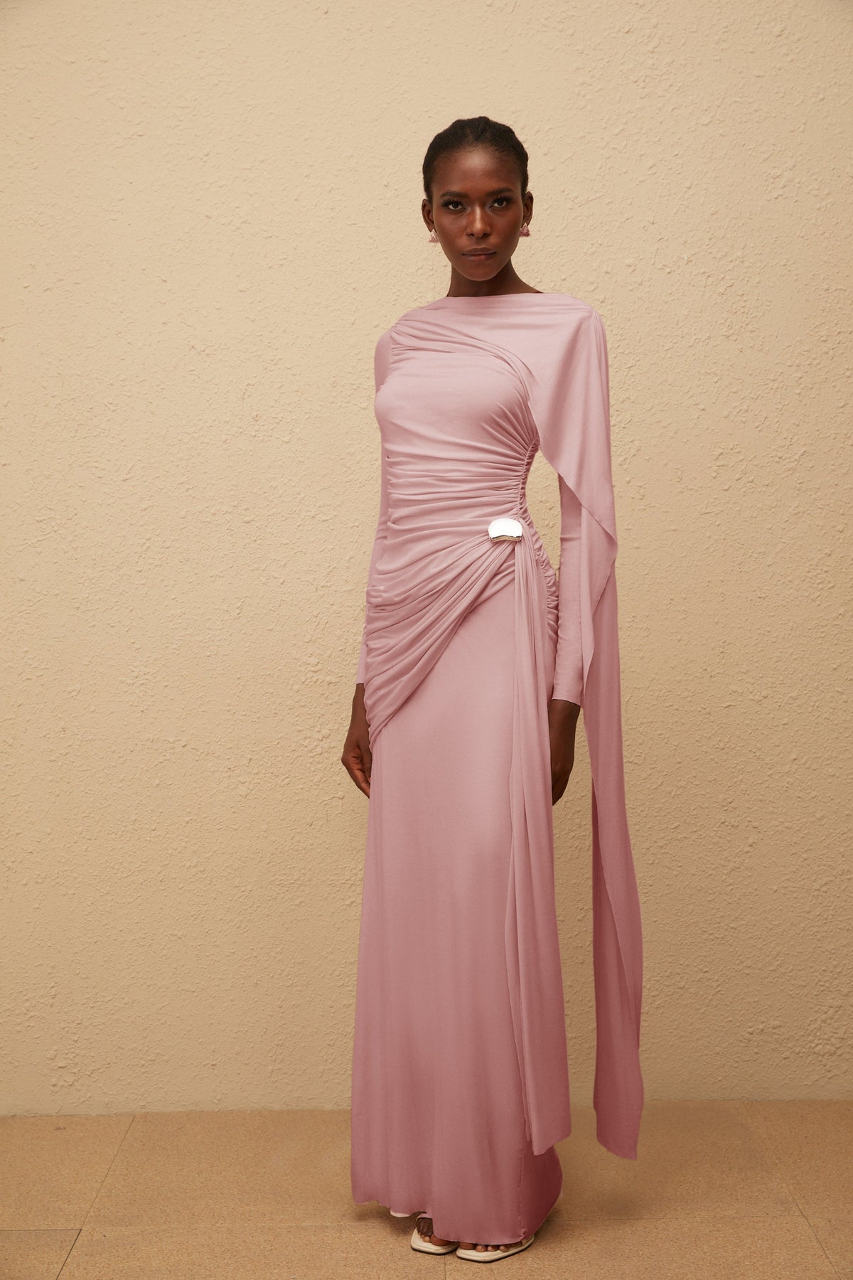Paloma Pink Asymmetrical Ruched Knit Maxi Dress