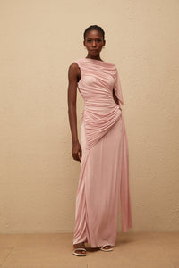 Paloma Pink Sleeveless Asymmetrical Ruched Knit Maxi Dress