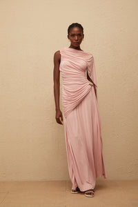 Paloma Pink Sleeveless Asymmetrical Ruched Knit Maxi Dress