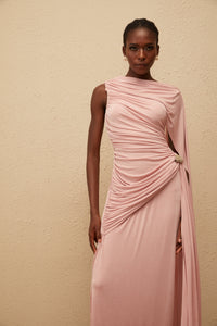 Paloma Pink Sleeveless Asymmetrical Ruched Knit Maxi Dress