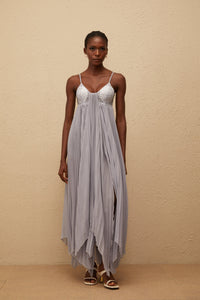 Léa Grey Rhinestone Embellished Pleated Maxi Dress