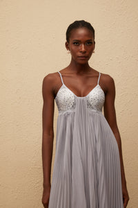 Léa Grey Rhinestone Embellished Pleated Maxi Dress