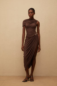 Prune Brown Night Out Asymmetrical Ruched Midi Dress