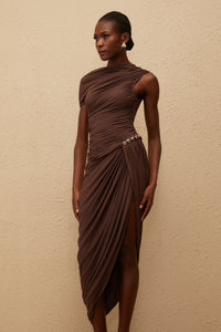 Prune Brown Night Out Asymmetrical Ruched Midi Dress