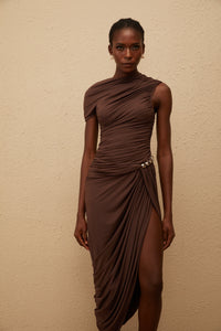 Prune Brown Night Out Asymmetrical Ruched Midi Dress