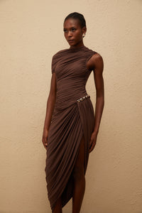 Prune Brown Night Out Asymmetrical Ruched Midi Dress