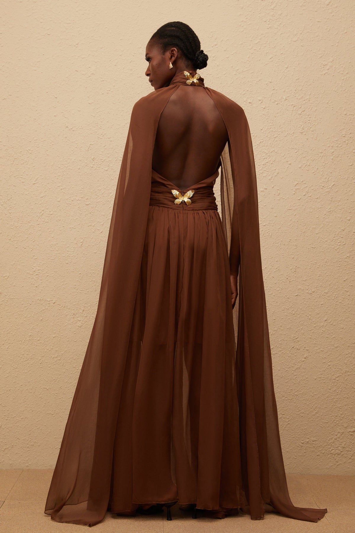 Coralie Brown Cape Design Pleated Tulle Gown
