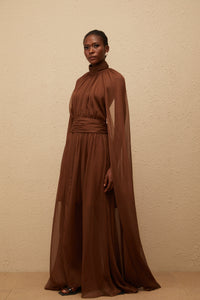 Coralie Brown Cape Design Pleated Tulle Gown