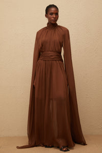 Coralie Brown Cape Design Pleated Tulle Gown