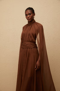 Coralie Brown Cape Design Pleated Tulle Gown