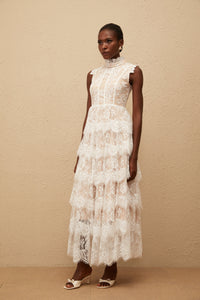 Thérèse White Embellished Floral Lace Tiered Maxi Dress