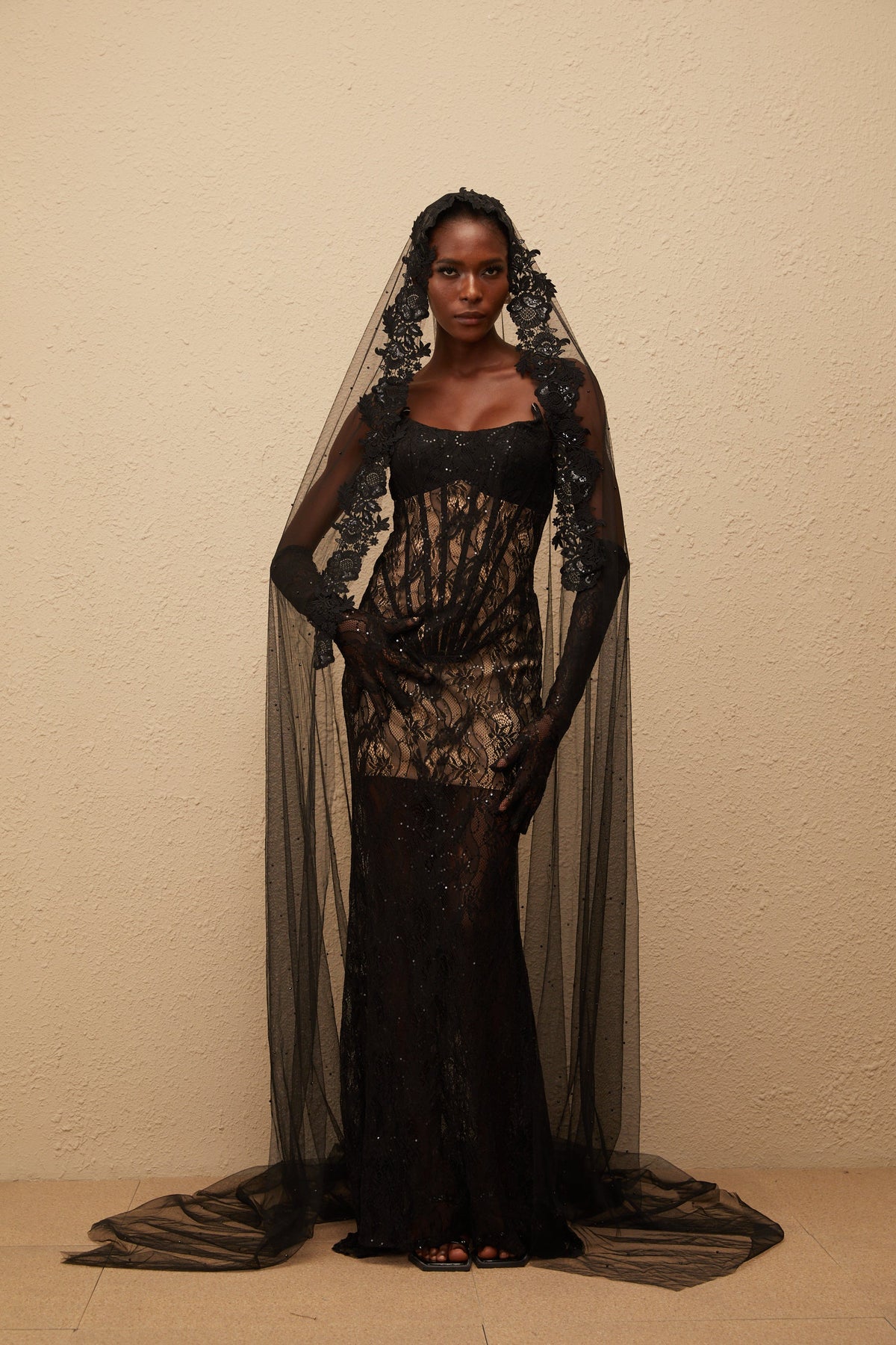 Bertille Black Floral Lace Corset Maxi Dress