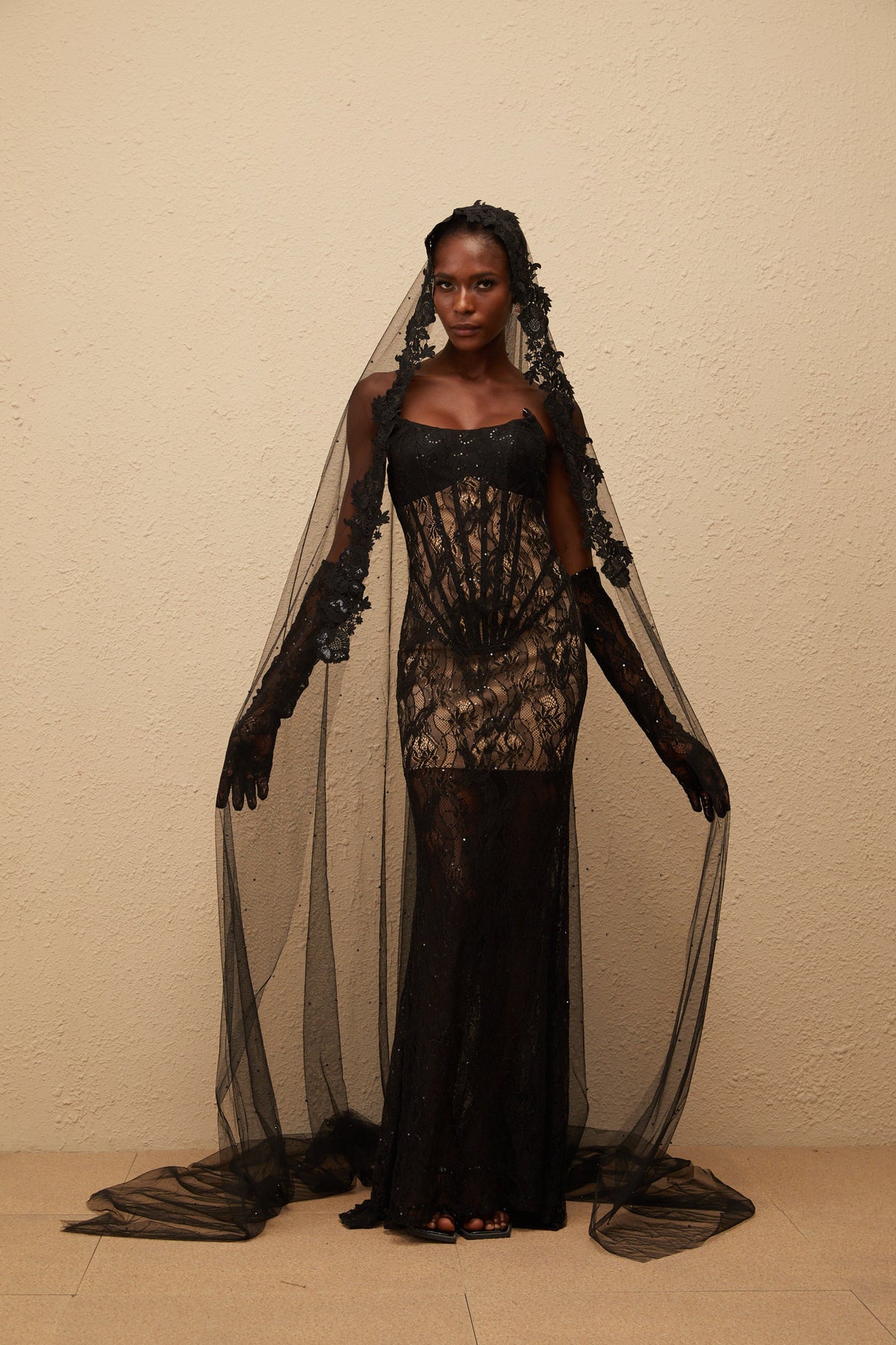 Bertille Black Floral Lace Corset Maxi Dress
