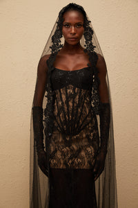 Bertille Black Floral Lace Corset Maxi Dress