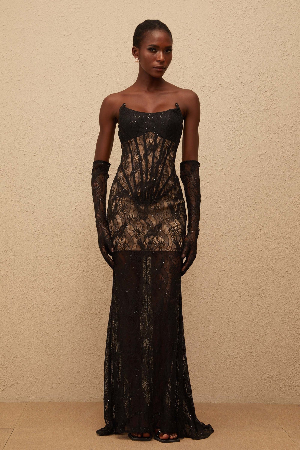 Bertille Black Floral Lace Corset Maxi Dress