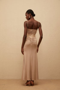 Nevaeh Khaki Twisted Lace Panel Maxi Dress