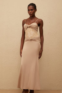 Nevaeh Khaki Twisted Lace Panel Maxi Dress