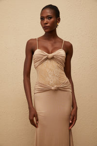 Nevaeh Khaki Twisted Lace Panel Maxi Dress