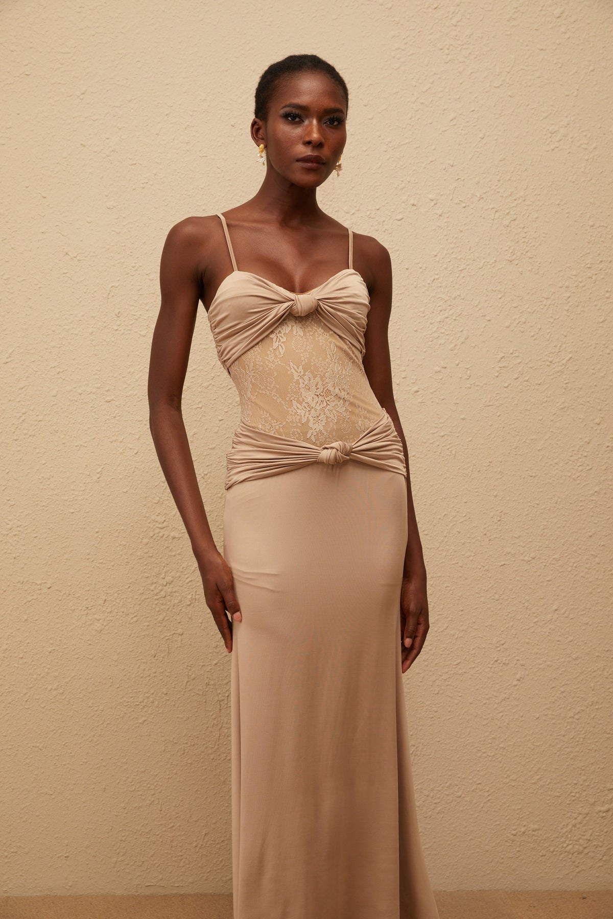 Nevaeh Khaki Twisted Lace Panel Maxi Dress