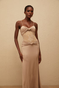 Nevaeh Khaki Twisted Lace Panel Maxi Dress