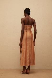 Roxane Brown Asymmetrical Tulle Maxi Dress