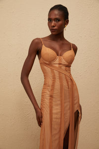 Roxane Brown Asymmetrical Tulle Maxi Dress