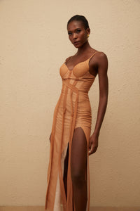 Roxane Brown Asymmetrical Tulle Maxi Dress