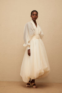 Riley Cream White Draped Tulle Maxi Dress