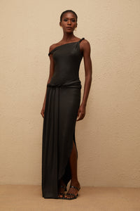 Samantha Black Asymmetrical Gathered Maxi Dress