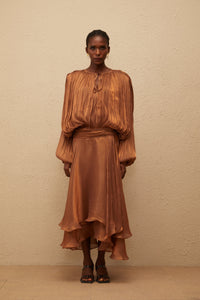 Eugénie Pleated Ruffle Maxi Dress in Brown