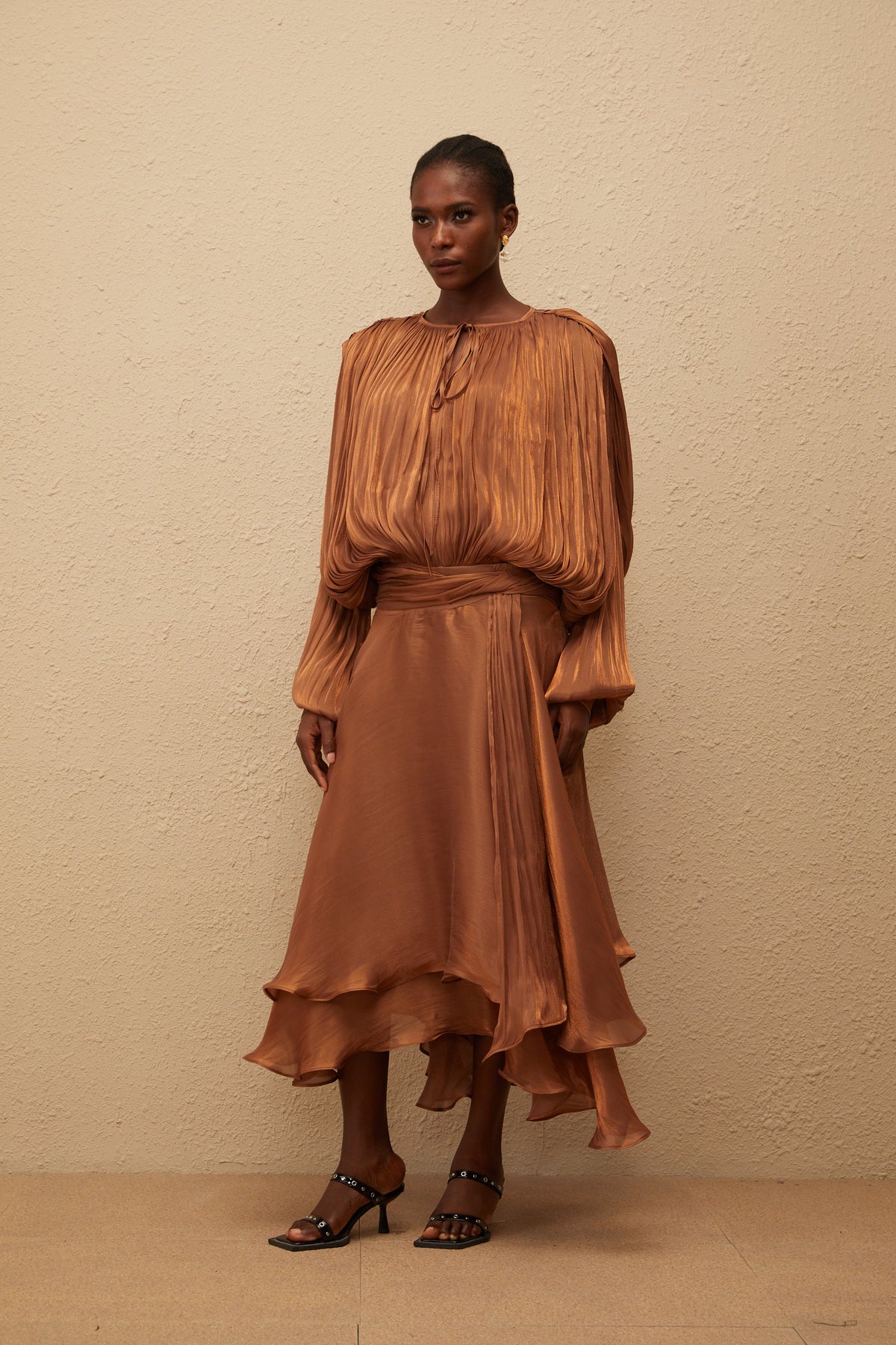Eugénie Pleated Ruffle Maxi Dress in Brown