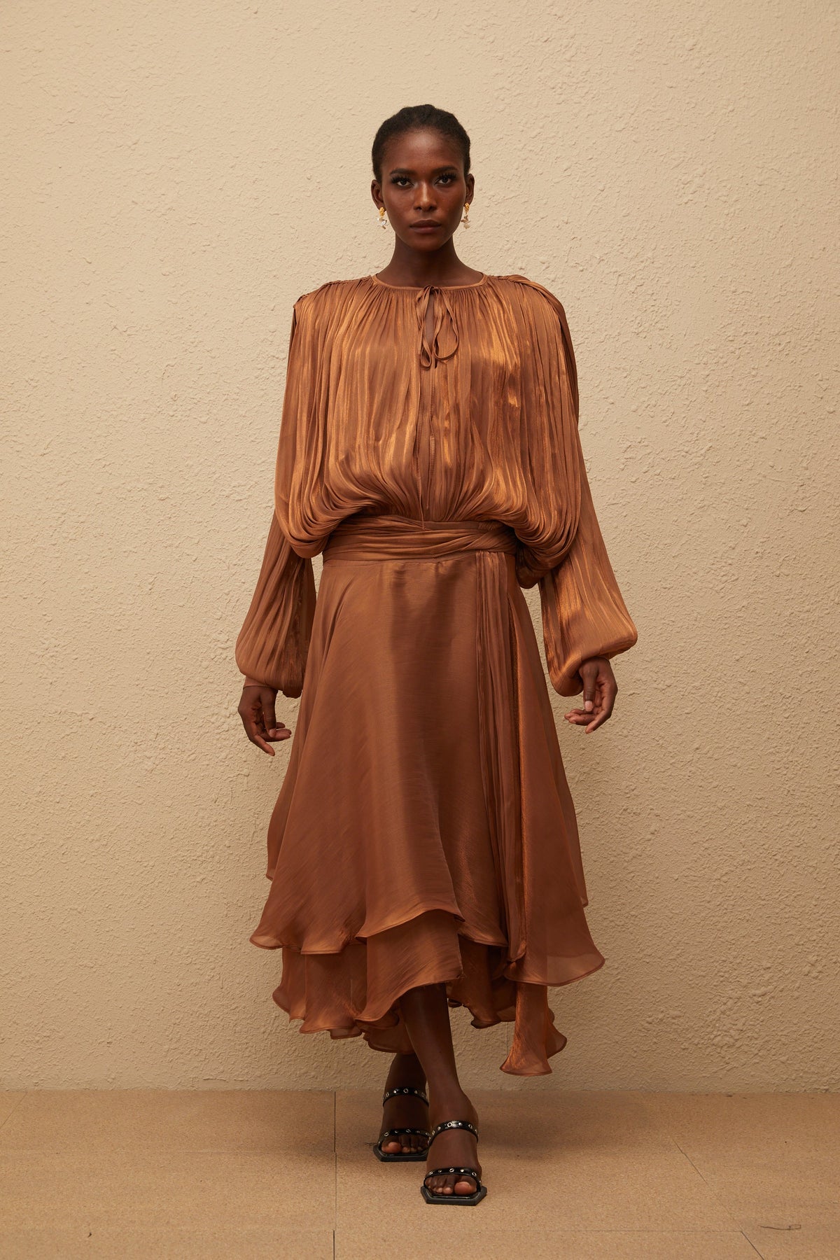 Eugénie Pleated Ruffle Maxi Dress in Brown