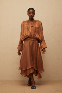 Eugénie Pleated Ruffle Maxi Dress in Brown