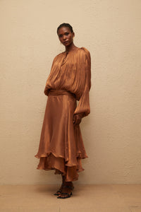Eugénie Pleated Ruffle Maxi Dress in Brown