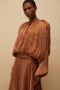 Eugénie Pleated Ruffle Maxi Dress in Brown