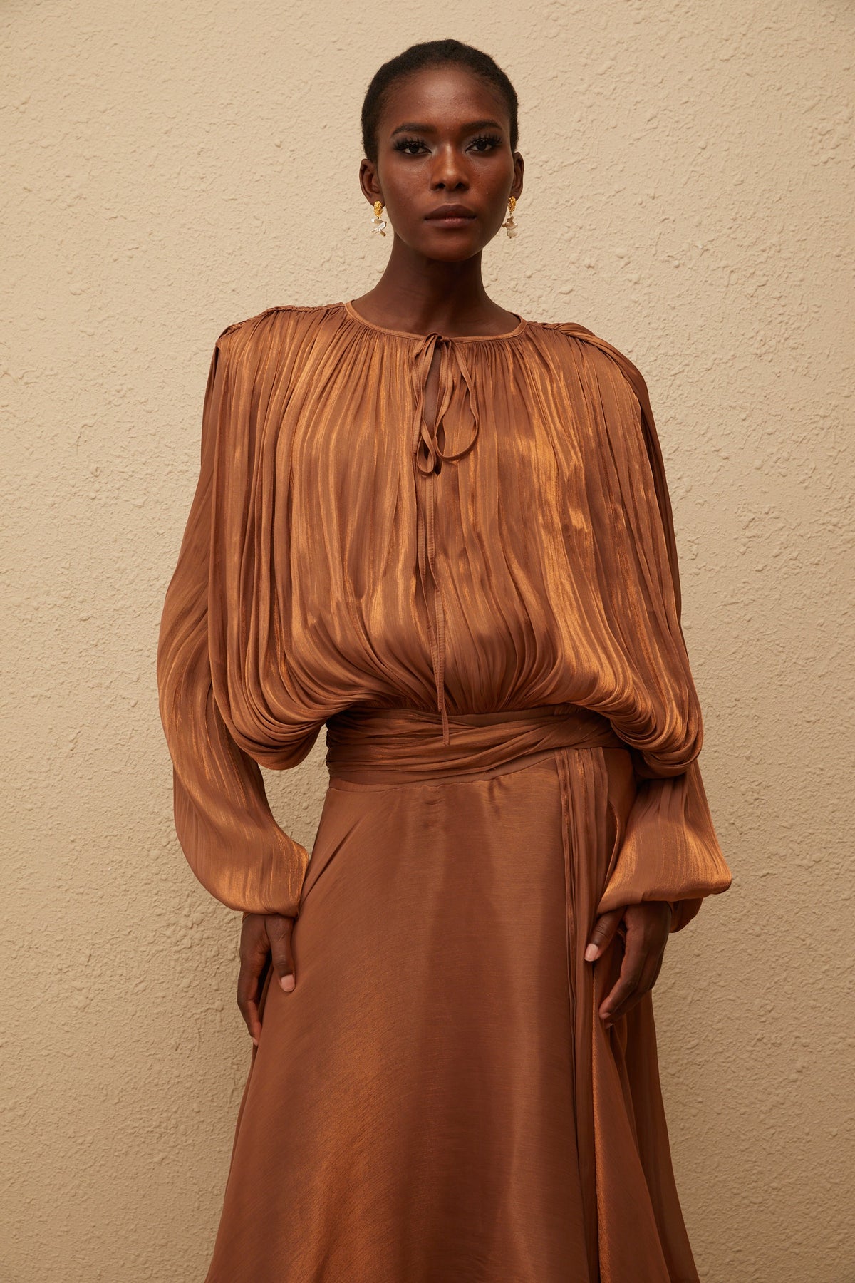 Eugénie Pleated Ruffle Maxi Dress in Brown