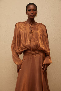 Eugénie Pleated Ruffle Maxi Dress in Brown